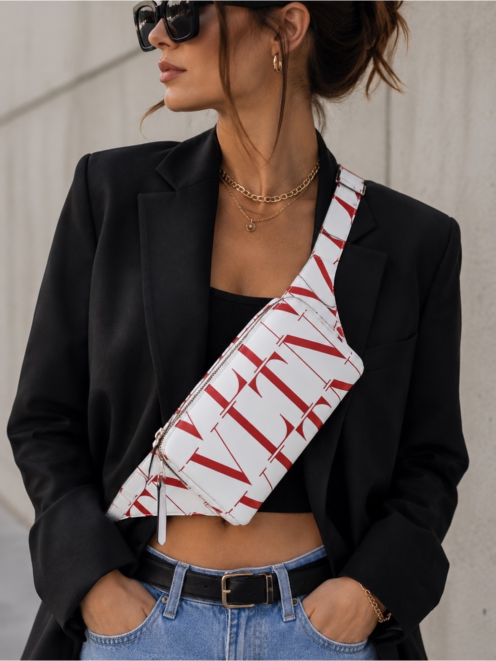 Valentino Garavani VLTN Times Leather Belt Bag White Red Logo Print